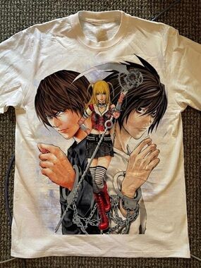 Gildan White Anime Graphic Tee with Red and Black Accents